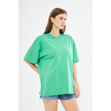 Giyadda Unisex Yeşil Pamuklu Bisiklet Yaka Oversize Bol Boyfriend Örme T-Shirt