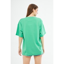 Giyadda Unisex Yeşil Pamuklu Bisiklet Yaka Oversize Bol Boyfriend Örme T-Shirt