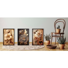 Bestablo 3'lü Dekoratif Kahve Çiçekler Çerçeveli Tablo , Ev Dekoru , Soyut Tablo , Ahşap Tablo