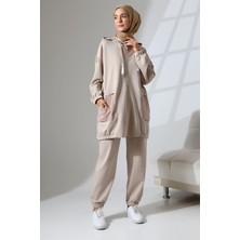 Mihran Butik Kadın Taş Rengi Mevsimlik Penye Alt Üst Spor ve Rahat Tesettür Takım
