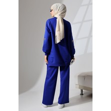 Mihran Butik Kadın Saks Mavisi Mevsimlik Penye Alt Üst Spor ve Rahat Tesettür Takım