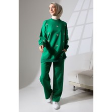 Mihran Butik Kadın Benetton Yeşili Mevsimlik Penye Alt Üst Spor ve Rahat Tesettür Takım