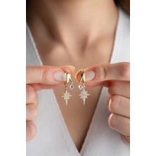 Silvano Jewelry 925 Ayar Gümüş Gold Çift Taşlı Kutup Yıldızı Küpe