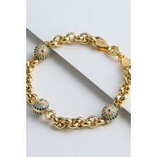 Silvano Jewelry 925 Ayar Gümüş Altın Kaplama Taşlı Göz Nazar Kalın Bileklik
