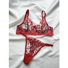 Aletheia Lingerie Kırmızı Kadın Brode Sütyen Takım Balenli