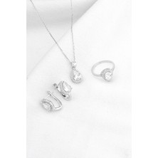 Silvano Jewelry 925 Ayar Gümüş Beyaz Taşlı Damla Takı Seti