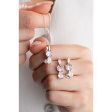 Silvano Jewelry 925 Ayar Gümüş Pembe Taşlı Kedi Kolye Küpe Seti