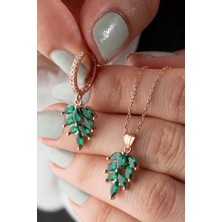 Silvano Jewelry 925 Ayar Gümüş Zümrüt Yeşili Kolye Küpe Takı Seti