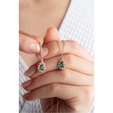 Silvano Jewelry 925 Ayar Gümüş Zümrüt Yeşili Damla Kolye Küpe Seti