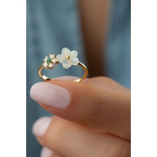 Silvano Jewelry 925 Ayar Gümüş Gold Taşlı Yonca Sedef Yüzük