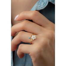 Silvano Jewelry 925 Ayar Gümüş Gold Tektaşlı Sedef Yüzük