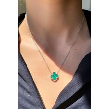 Glamie Jewelry 925 Ayar Rodyum Kaplamalı Malakit Taşlı Yonca Gümüş Kolye