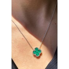 Glamie Jewelry 925 Ayar Rodyum Kaplamalı Malakit Taşlı Yonca Gümüş Kolye
