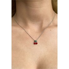 Glamie Jewelry 925 Ayar Rodyum Kaplamalı Kırmızı Mineli Kiraz Gümüş Kolye