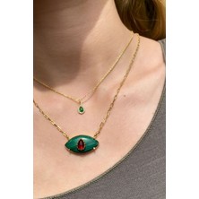 Glamie Jewelry 925 Ayar Gold Kaplamalı Malakit ve Damla Ruby Taşlı Göz Gümüş Kolye