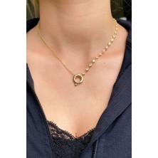 Glamie Jewelry 925 Ayar Gold Kaplamalı Yarı Zincir Yarı Taşlı Gemici Kilit Gümüş Kolye