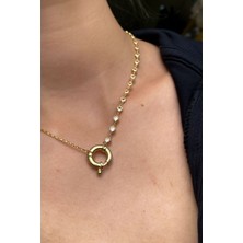 Glamie Jewelry 925 Ayar Gold Kaplamalı Yarı Zincir Yarı Taşlı Gemici Kilit Gümüş Kolye