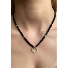 Glamie Jewelry 925 Ayar Gold Kaplamalı Kalpli Siyah Boncuklu Gümüş Kolye
