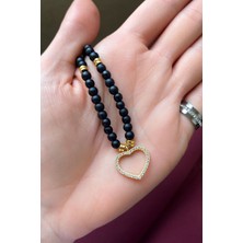 Glamie Jewelry 925 Ayar Gold Kaplamalı Kalpli Siyah Boncuklu Gümüş Kolye