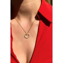 Glamie Jewelry 925 Ayar Gold Kaplamalı Beyaz Taşlı Kalp Gümüş Kolye