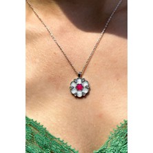 Glamie Jewelry 925 Ayar Rodyum Kaplamalı Pembe Mineli Papatya Gümüş Kolye