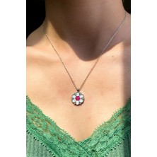 Glamie Jewelry 925 Ayar Rodyum Kaplamalı Pembe Mineli Papatya Gümüş Kolye