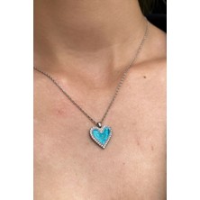 Glamie Jewelry 925 Ayar Rodyum Kaplamalı Mavi Mineli Kalp Gümüş Kolye