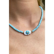 Glamie Jewelry 925 Ayar Buz Mavisi Boncuklu Fatma Ana Eli Gümüş Kolye