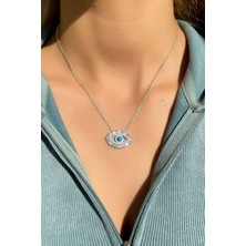 Glamie Jewelry 925 Ayar Rodyum Kaplamalı Beyaz Baget Taşlı Mavi Göz Gümüş Kolye