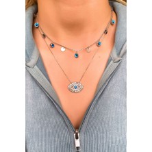 Glamie Jewelry 925 Ayar Rodyum Kaplamalı Beyaz Baget Taşlı Mavi Göz Gümüş Kolye