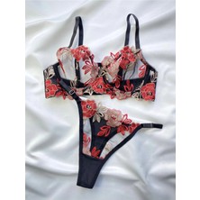 Aletheia Lingerie Siyah Brode Gül Kadın Sütyen Takım