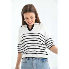 Parkkaron Kadın Polo Yaka Çizgili Triko Kazak Top-Ekru-Siyah