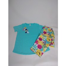 New Pajamas Kadın Mavi Kısa  Kollu Desenli Bisiklet Yaka Oval Etek Süprem Pijama Takımı