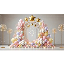 Venspor Altın ve Pastel Balonlarla Süslenmiş Yıldız Temalı Işıklı Stüdyo Arka Planı 200 x 150 cm