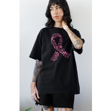 Fuddy Moda Oversize Pembe Kurdele Baskılı Kadın T-Shirt