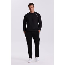 Siyah Slim Fit Pamuk Karışımlı Bisiklet Yaka Sweatshirt