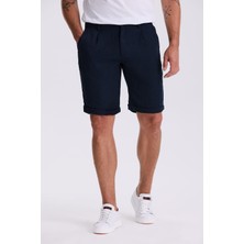 Jakamen Koyu Lacivert Comfort Fit Keten Dokulu Rahat Kesim Duble Paça Şort