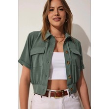 Hazelin Kadın Haki Cepli Düğmeli Kısa Kollu Yazlık  Crop Gömlek Ceket HZL22S-BD106631
