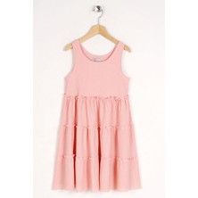 Zepkids Bisiklet Yaka Sıfır Kol Beli Lastikli Pudra Renk Kız Çocuk Elbıse