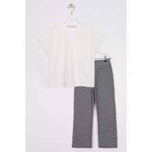 Zepkids Bisiklet Yaka Kısa Kol Pıtıkare Detaylı Ekru Siyah Renk Renk Kız Cocuk Pantolon Takım