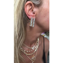 Mi Brillo Accessories Serenay Vip Özel Tasarım Kenarları Fuşya Taş Zirkon Taşlı Dikdörtgen Büyük Küpe 1.5 cm
