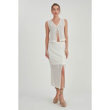 Vitrin Dantel Işlemeli Yırtmaçlı Midi Boy Astarlı Etek