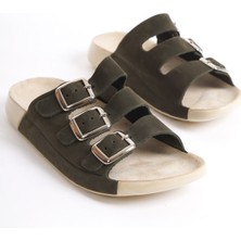 Mubiano Hakiki Deri Summer Kadın Üç Bantlı Nubuk Özel Taban Haki Terlik - MSSR18-HK