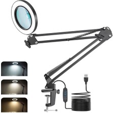 En Siga Siyah Büyüteçli Ring Light, LED Büyüteç Lambası, Kıskaçlı, Çalışma Masası Lambası, 3 Renk Modlu, Sa