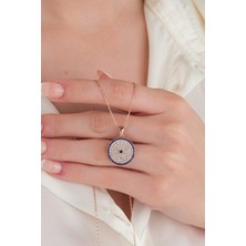 TMT Silver Gümüş Pembe Rose Kaplama Nazar Boncuklu Zirkon Taşlı Mavi Göz Kolye