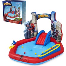 Sole 62002 Pompalı-Bestway 98793 Spiderman Temalı Kaydıraklı Fıskiyeli Aquapark Şişme Eğlence Havuzu