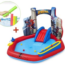 Sole Su Pompalı-Bestway 98793 Spiderman Temalı Kaydıraklı Fıskiyeli Aquapark Şişme Eğlence Havuzu