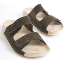 Mubiano Hakiki Deri Summer Kadın Çift Bantlı Nubuk Özel Taban Haki Terlik - MSSR26-HK