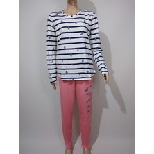 Vienetta Kadın Lacivert Pudra Yuvarlak Yaka Oval Etek Uzun Kollu Kelebek Desenli Pamuklu Pijama Takımı