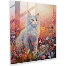 Görkemli Kedi Cam Baskı - Kır Çiçekleri Tarlasında Empresyonist Yağlıboya Tablo - Cam Duvar Sanatı Dekorasyonu, 30X30